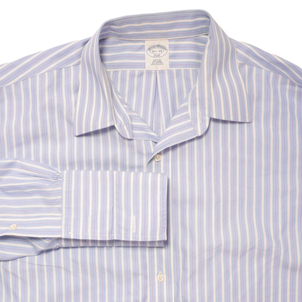 Brooks Brothers Dress Shirt Men 16.5-34 Slim Tuxedo Cuff Blue Stripe 100% Cotton